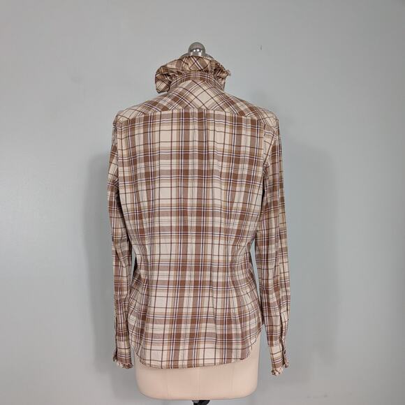 Vintage Lauren Ralph Lauren Button Top L Brown Plaid Ruffle Heritage Equestrian - Picture 6 of 10